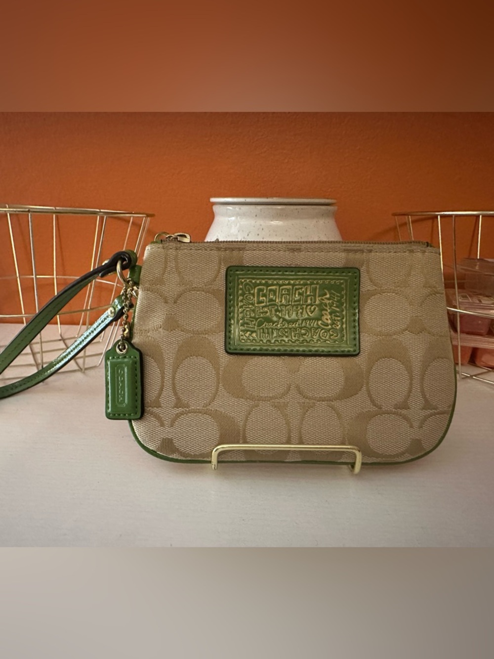 COACH Poppy Signature Print Tan/Apple Green Canvas Wristlet